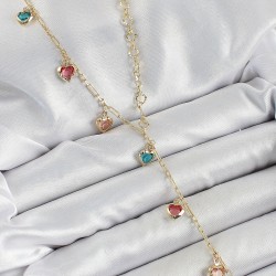 Pirinç Asorti Kalp Model Gold Renk Zirkon Taşlı Y Kolye