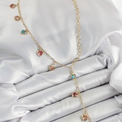 Pirinç Asorti Kalp Model Gold Renk Zirkon Taşlı Y Kolye
