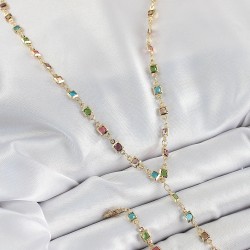 Pirinç Asorti Kare Model Gold Renk Zirkon Taşlı Y Kolye