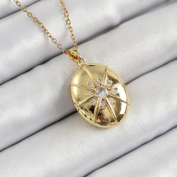 316L Çelik Zincir Açılabilir Madalyon Model Zirkon Taşlı Gold Renk Kadın Kolye