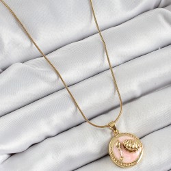 316L Çelik Zincir Pembe Mineli Sanatsal Portre İstiridye Model Gold Renk Kadın Kolye