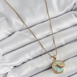 316L Çelik Zincir Turkuaz Mineli Sanatsal Portre İstiridye Model Gold Renk Kadın Kolye