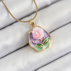 316L Çelik Zincir Zirkon Taşlı Pembe Ve Mor Sanatsal Portre Gül Figürlü Beşgen Model Gold Renk Kadın Kolye