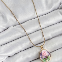 316L Çelik Zincir Zirkon Taşlı Pembe Ve Mor Sanatsal Portre Gül Figürlü Beşgen Model Gold Renk Kadın Kolye