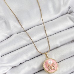 316L Çelik Zincir Zirkon Taşlı Pembe Sanatsal Portre İnci Detaylı Kelebek Model Gold Renk Kadın Kolye
