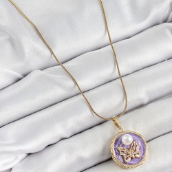 316L Çelik Zincir Zirkon Taşlı Mor Sanatsal Portre İnci Detaylı Kelebek Model Gold Renk Kadın Kolye