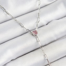Pirinç Zirkon Taşlı Pembe Kalp Figürlü Y Model Gümüş Renk Kadın Kolye