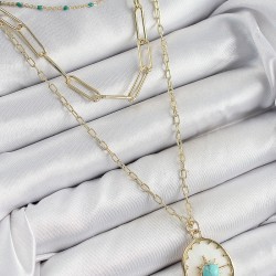 Pirinç Çoklu Zincirli Mavi Boncuklu Pusula Model Gold Renk Kadın Kolye