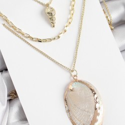 Pirinç Çoklu Zincirli İstiridye Model Gold Renk Kadın Kolye