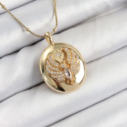 316L Çelik Zincir Açılabilir Anka Kuşu Model Zirkon Taşlı Gold Renk Kadın Kolye