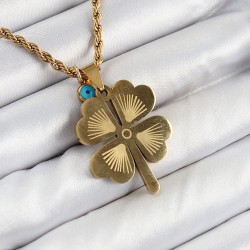 316L Çelik Burgu Zincirli Nazar Detaylı Yonca Model Gold Renk Kadın Kolye