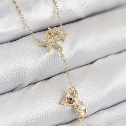 Pirinç Zirkon Taşlı Sallantılı Ayıcıklı Yıldız Model Gold Renk Kadın Kolye