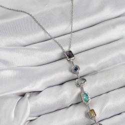 Pirinç Renkli Zirkon Taşlı Model Gümüş Renk Kadın Y Kolye