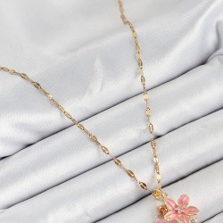 316L Çelik Zirkon Taşlı Arı Detaylı Pembe Çiçek Model Gold Renk Kadın Kolye