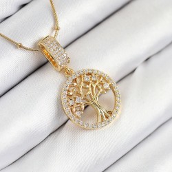 316L Çelik Zirkon Taşlı Hayat Ağacı Model Gold Renk Kadın Kolye
