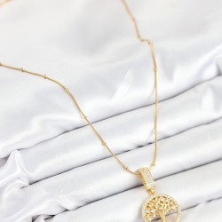316L Çelik Zirkon Taşlı Hayat Ağacı Model Gold Renk Kadın Kolye