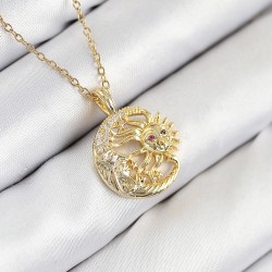 316L Çelik Zirkon Taşlı Ay Ve Güneş Model Gold Renk Kadın Kolye