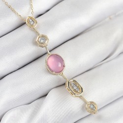 Pirinç Zincir Pembe Gold Renk Zirkon Taşlı Y Kolye