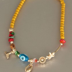 Sarı Tahta Boncuklu Deniz Kabuğu Tasarımlı Kolye