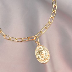 Aslan Figürlü Gold Metal Zincirli Kadın Kolye