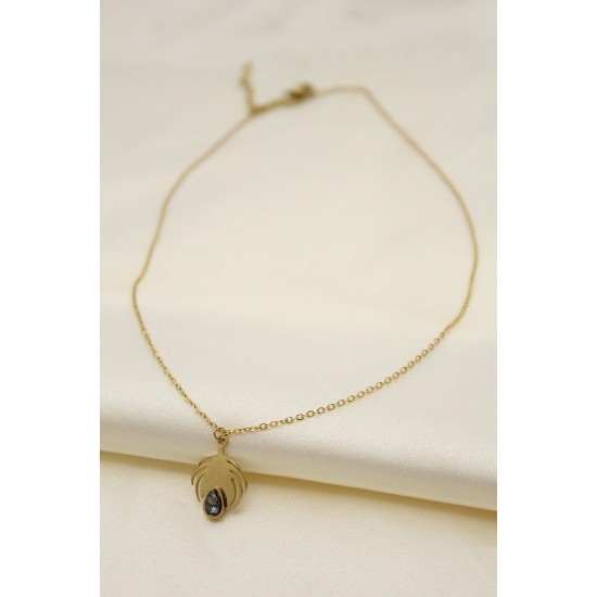 Çelik Gold Renk Kristal Taşlı Yaprak Model Kadın Kolye Çelik Gold Renk Kristal Taşlı Yaprak Model Kadın Kolye
