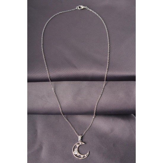 Gümüş Renk Metal Zirkon Taşlı Ay Model Kadın Kolye Gümüş Renk Metal Zirkon Taşlı Ay Model Kadın Kolye