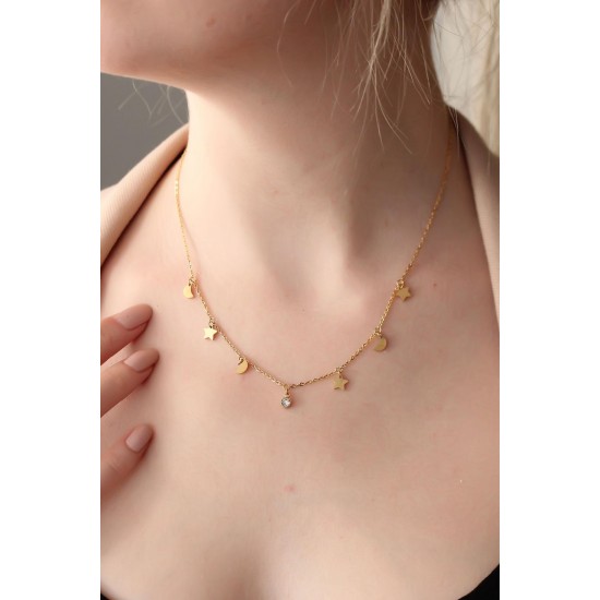 Çelik Gold Renk Zirkon Taşlı Minimal Ay Yıldız Kolye Çelik Gold Renk Zirkon Taşlı Minimal Ay Yıldız Kolye