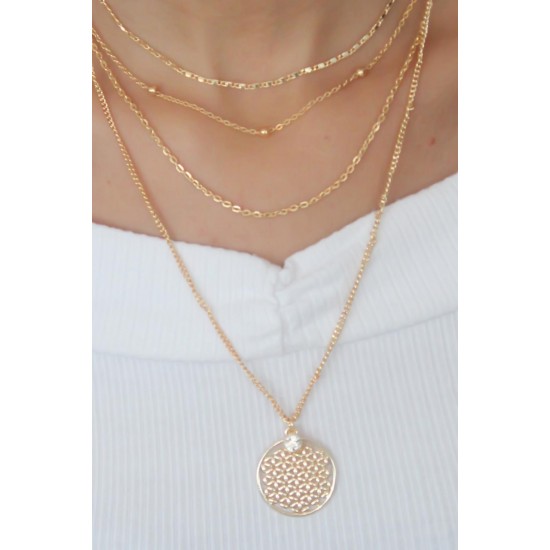 Lotus Çiçeği ve Zirkon Taş Detaylı Gold Renk Kadın Kombin Kolye Lotus Çiçeği ve Zirkon Taş Detaylı Gold Renk Kadın Kombin Kolye