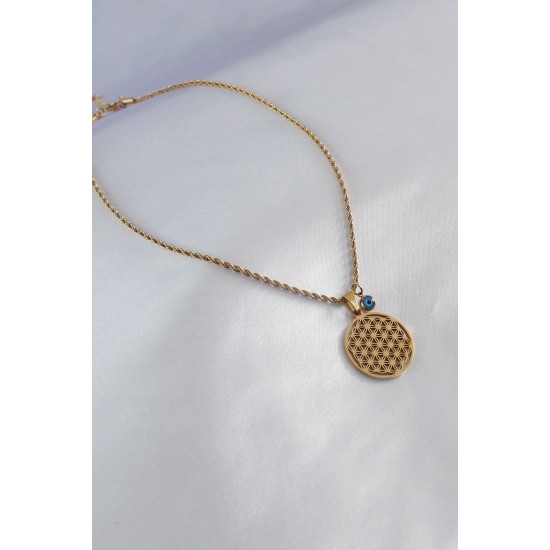 Çelik Gold Renk Motif İşleme Figür Nazar Boncuk Detay Kadın Kolye Çelik Gold Renk Motif İşleme Figür Nazar Boncuk Detay Kadın Kolye