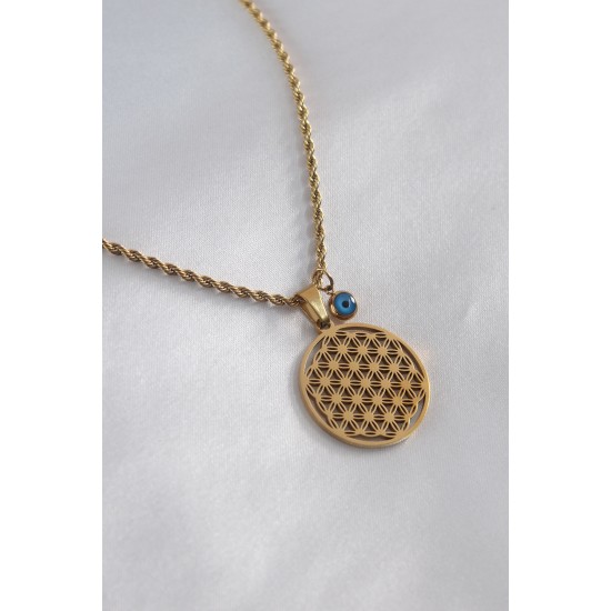 Çelik Gold Renk Motif İşleme Figür Nazar Boncuk Detay Kadın Kolye Çelik Gold Renk Motif İşleme Figür Nazar Boncuk Detay Kadın Kolye