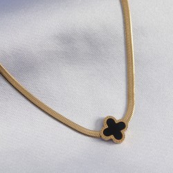 316L Çelik Gold Renk İtalyan Zincir Model Siyah Çiçek Figür Kadın Kolye