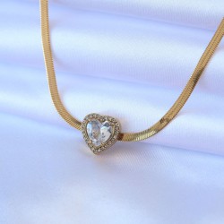 316L Çelik Gold Renk İtalyan Zincir Model Zirkon Taşlı Kalp Figür Kadın Kolye