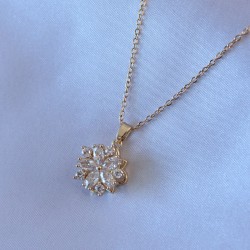 316L Çelik Gold Renk Zirkon Taşlı Lotus Model Kadın Kolye