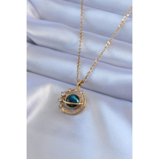 316L Çelik Gold Renk Satürn Model Zirkon Taşlı Yıldız Detay Kadın Kolye 316L Çelik Gold Renk Satürn Model Zirkon Taşlı Yıldız Detay Kadın Kolye