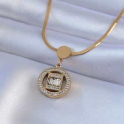 316L Çelik Gold Renk İtalyan Zincir Model Zirkon Taşlı Madalyon Kadın Kolye