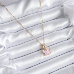 316L Çelik Gold Renk Pembe Kelebek Model Zirkon Taş Detay Kadın Kolye
