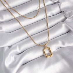 316L Çelik Gold Renk 2'li Zincir Model Kare Figür Kadın Kolye