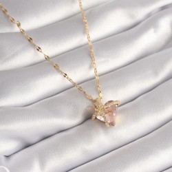 316L Çelik Gold Renk Zincir Pembe Zirkon Taş Kalp Model Kadın Kolye
