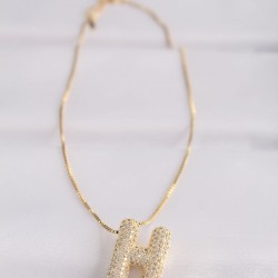 316L Çelik Zincirli Zirkon Taşlı H Harfli Gold Renk Bubble Kolye