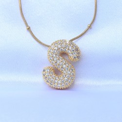 316L Çelik Zincirli Zirkon Taşlı S Harfli Gold Renk Bubble Kolye