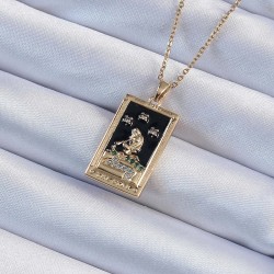 316L Çelik Zincir Altın Renk Zirkon Taşlı Siyah Mineli Kız Figürlü Tarot Kolye