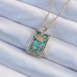 316L Çelik Zincir Altın Renk Zirkon Taşlı Mavi Mermer Desenli Taç Model Tarot Kolye