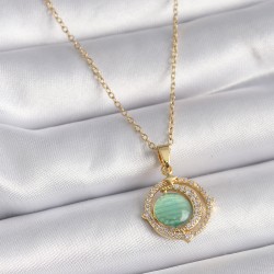 316L Çelik Gold Renk Yeşil Sedefli Zirkon Taşlı Hilal Model Kadın Kolye