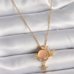 316L Çelik Gold Renk Zincir Zirkon Taşlı Krem Mineli Gezegen Model Kadın Kolye