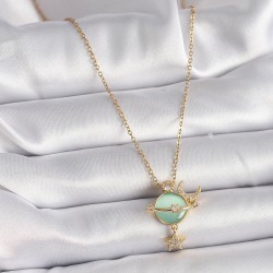 316L Çelik Gold Renk Zincir Zirkon Taşlı Yeşil Mineli Ay Yıldız Model Kadın Kolye
