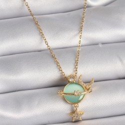 316L Çelik Gold Renk Zincir Zirkon Taşlı Yeşil Mineli Ay Yıldız Model Kadın Kolye