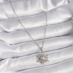 316L Çelik Gümüş Renk Zincir Pembe Mineli Zirkon Taşlı Güneş Model Kadın Kolye