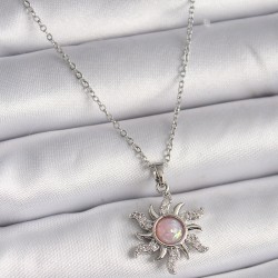 316L Çelik Gümüş Renk Zincir Pembe Mineli Zirkon Taşlı Güneş Model Kadın Kolye