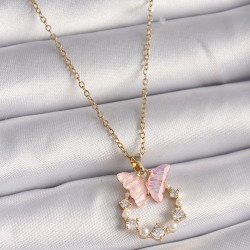 316L Çelik Gold Renk Zincir Zirkon Taşlı Pembe Mineli Kelebek Model Kadın Kolye