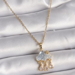 316L Çelik Gold Renk Zincir Zirkon Taşlı Bulut Model Sallantı Damla Figür Kadın Kolye